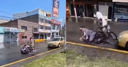 Pareja en triciclo cae a bache en Edomex; charco les impidió verlo