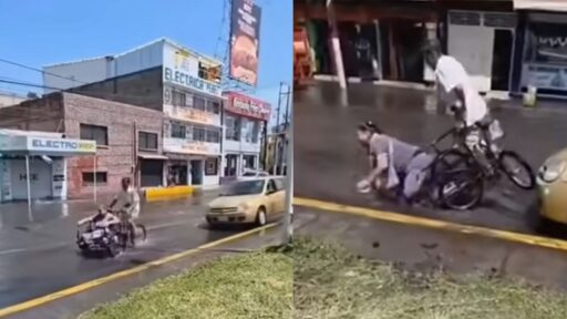 Pareja en triciclo cae a bache en Edomex; charco les impidió verlo